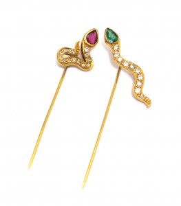 Gray’s & Alfie’s Christmas Shopping Parties Diem - 1960s snake stick pin set with ruby emerald and diamonds, 18ct gold