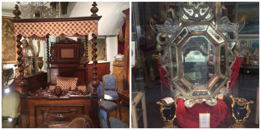 antique beds and mirrors at the Paris Flea Market