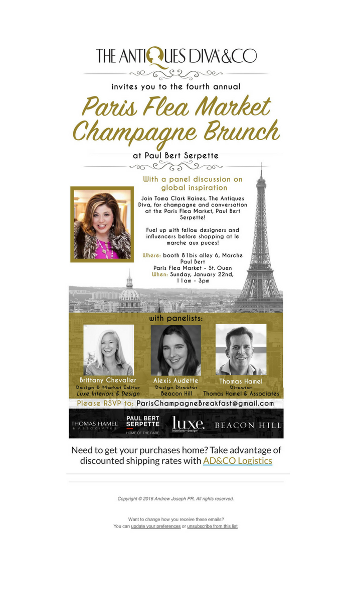 You're Invited to The Antiques Diva 4th Annual Paris Flea Market Champagne Brunch