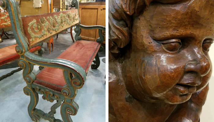Pair of 18th century Tuscan benches and one of four hand carved cherub heads we purchased