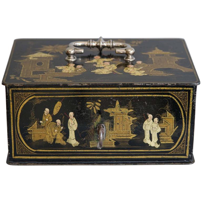 19th Century Black and Gold Chinoiserie Strong Box 1st Dibs