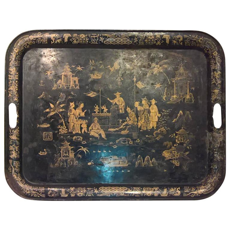 19th Century Large Chinoiserie Iron Black and Gold Tray, 1st Dibs