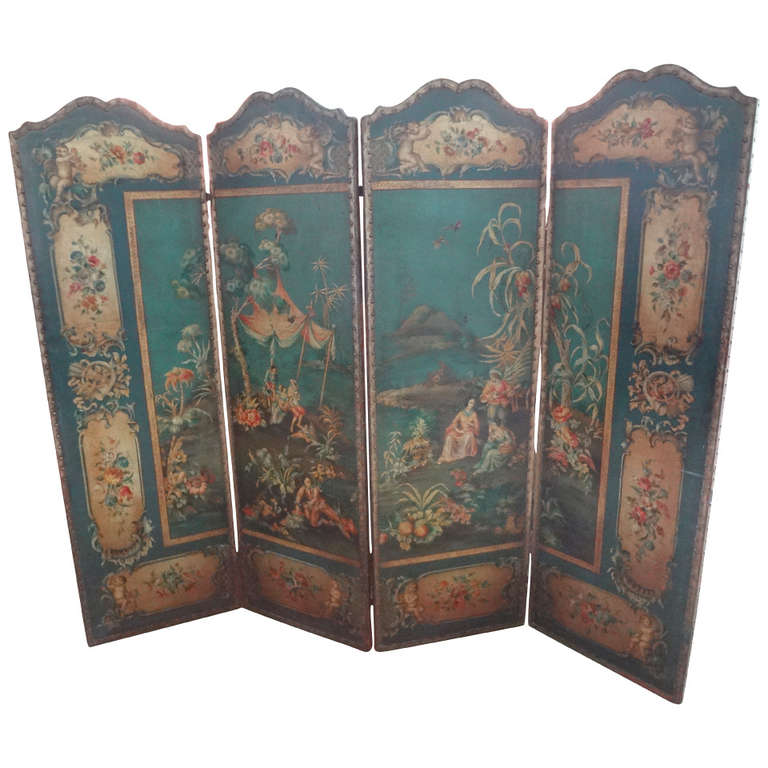 Antique Italian - 4 Panel Leather Chinoiserie Screen 1stDibs