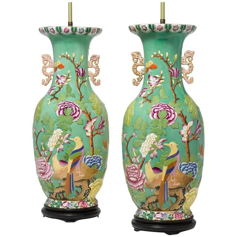 English 19th-20th century chinoiserie style relief decorated porcelain vases 1st Dibs