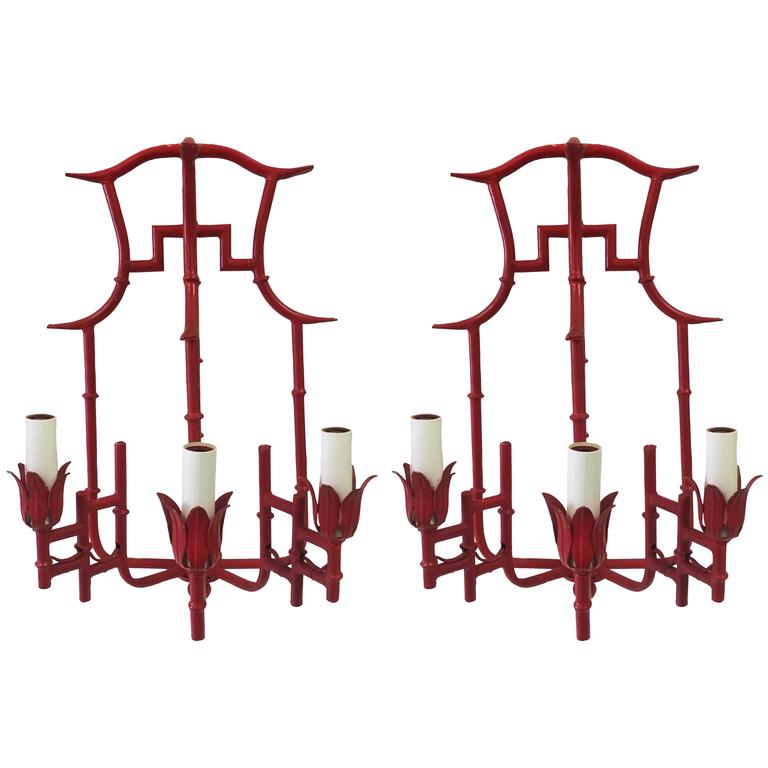 Pair of Red Chinoiserie Bamboo Sconces, 1st Dibs