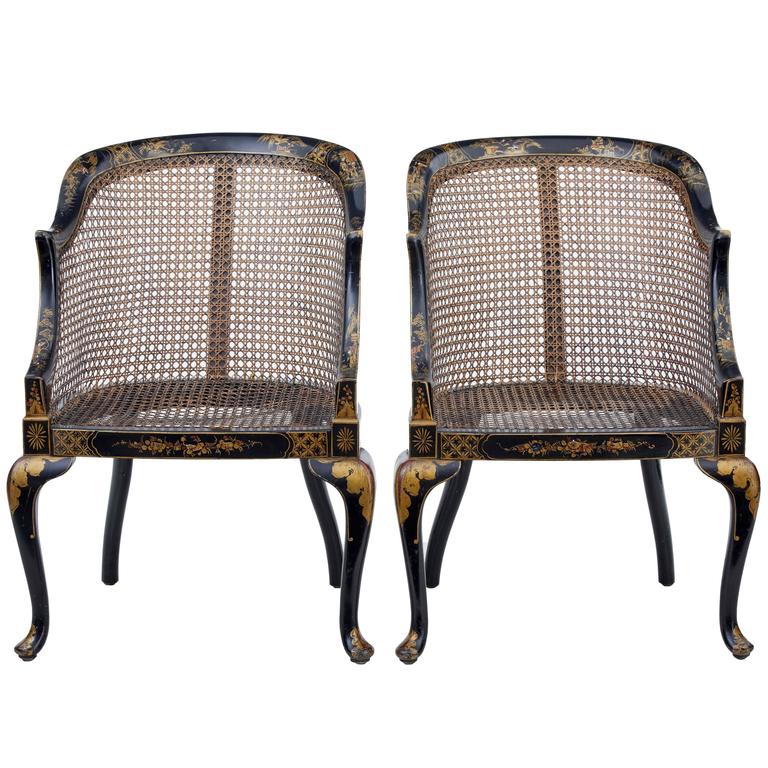 Pair of early 20th Century Lacquered Chinoiserie Cane Chairs, 1st Dibs